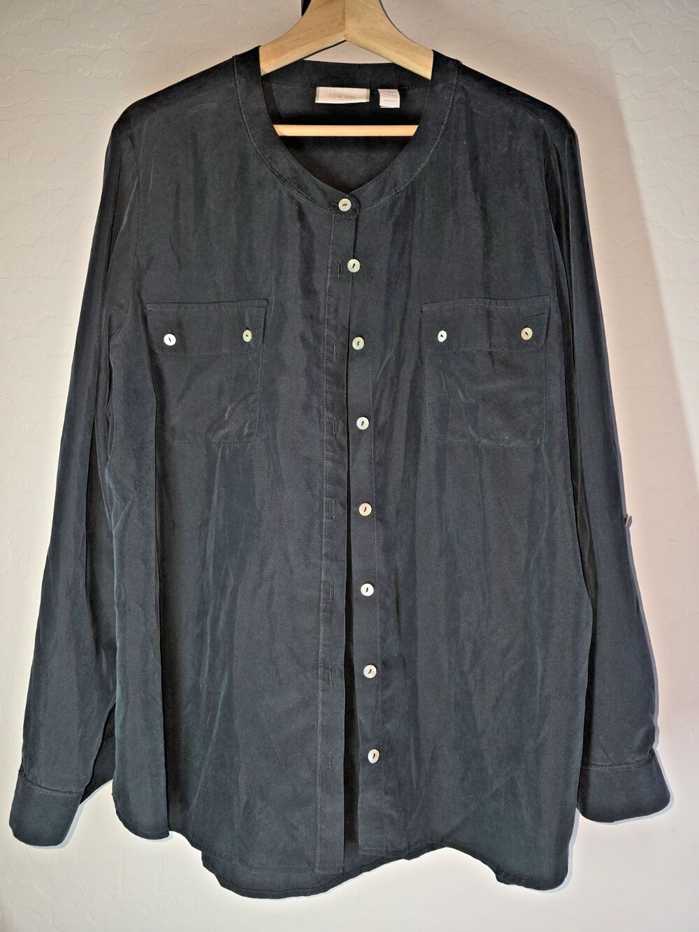 Womens Black Chicos Blouse Top Long Roll Tab Sleeve Button Up Size 3